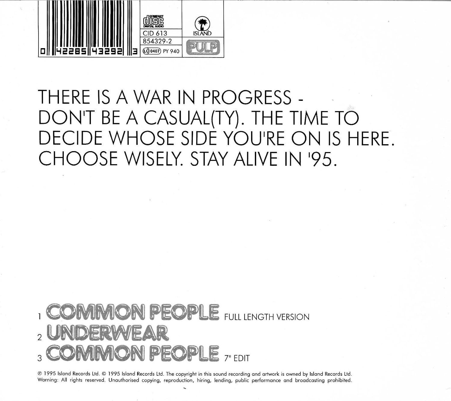 Lado B del single «Common People», donde se incluyó «Underwear»